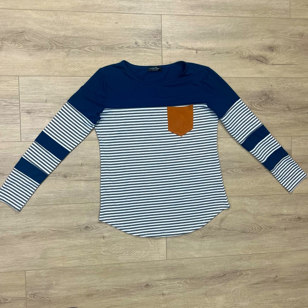 Coeur De Vague Long Sleeve Shirt Striped Size Small Blue Gray Faux Suede Pocket